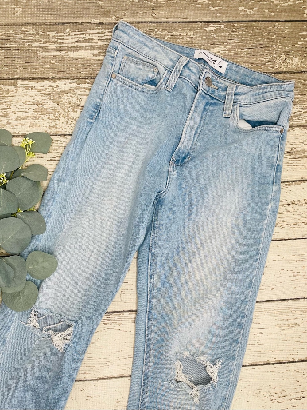 Just Black Denim Straight Leg Distressed Torn Jeans